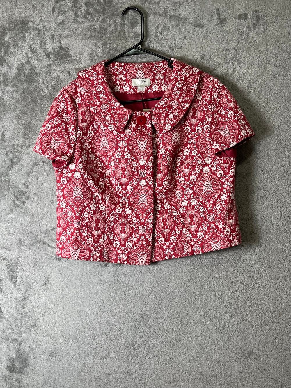 LOFT Red White Floral Peter Pan Collar Cropped Jacket Blazer Women's 10 New